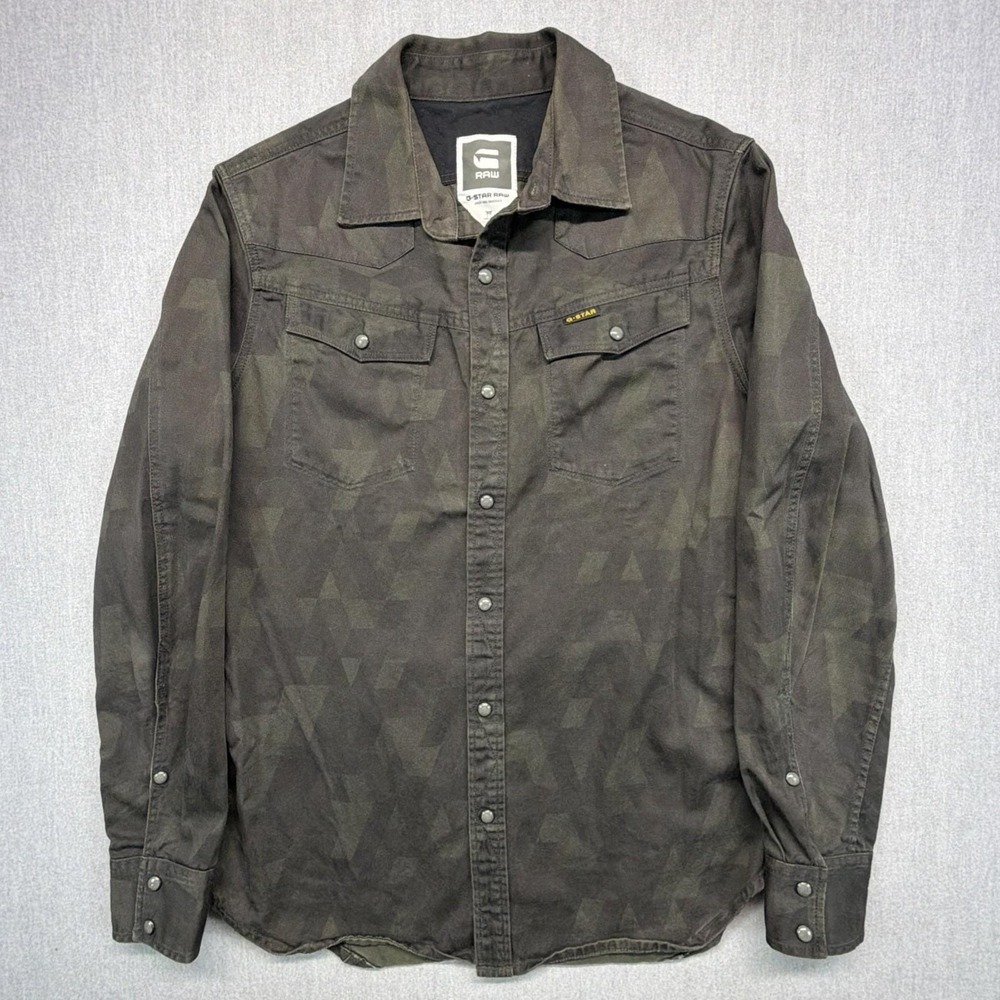 G Star‎ Raw Pearl Snap Long Sleeve Shirt Mens Medium Black Green Western